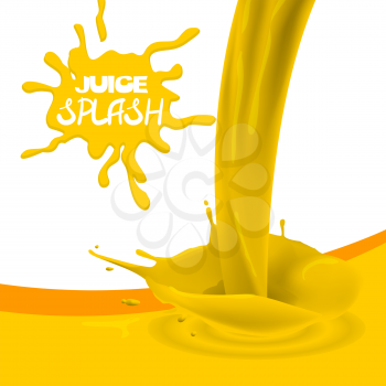 Yellow orange, mango juice. Sweet smudges splashes drops on white background. Realistic package design products.