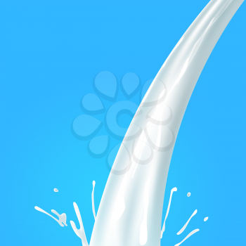 Flavored milk label template. Vector Illustration. Realistic white milk spray, splash, flow 3D. Blot on blue background. Package design of dairy products.