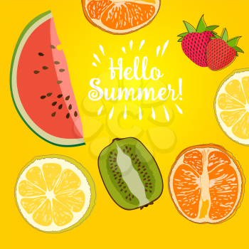 Hello Summer border of set fruit Inscription strawberry, watermelone, lemon. Vector collection summer fruit on yellow background.