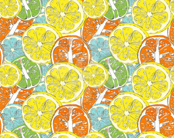 Hello Summer seamless pattern of fruit Inscription orange, lemon. Vector collection summer fruit.