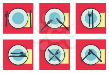 Collection web icons provide etiquette on white background flat. Knives and forks on a plate. Vector illustration for app