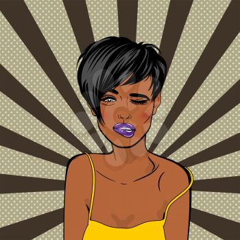 Beautiful black chocolate sexy daring girl with short hair, open mouth style pop art speak oops. Retro comic book halftone background. Vector colored dot illustration.
