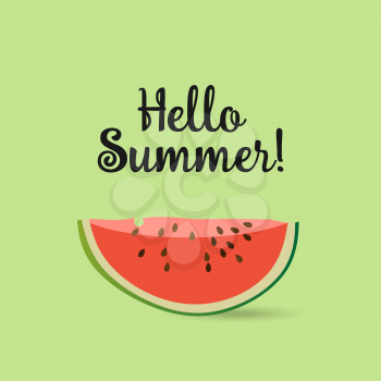 Hello Summer Inscription over Watermelon. Vector strawberry isolated on green background.