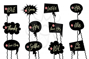 Wedding laser cut black vector photo booth. Comic text speech bubble on stick. Silhouette for wedding party. Funny isolated phrases, love, wow, boom, Mr, selfie. Party selfie label.