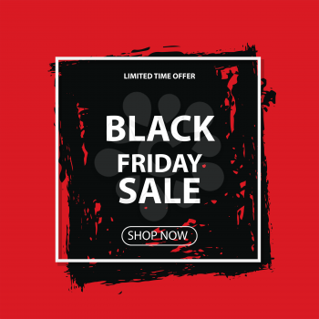 Black friday sale. Vector layout banner on red background. Dirty grunge brushes stroke under white square frame. Offer announcement for Black friday discount.