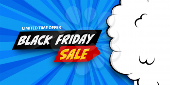 3d comic book cartoon black friday sale banner. Vector layout banner on halftone radial blue background. Cartoon puff cloud for Black Friday design.