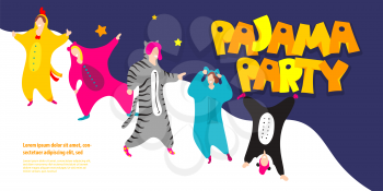 Pajama party. Happy friends in pajamas costume sleepwear. Trendy flat people vector illustration. Cute cartoon character unicorn, panda. Birthday party invitation. Cartoon happy dancing people.