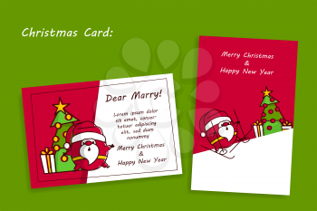 Outline cartoon Santa Claus post card mockup for Merry Christmas greetings. Simple vector illustration for Christmas holiday. Trendy line art Santa in red costume with red gift bag