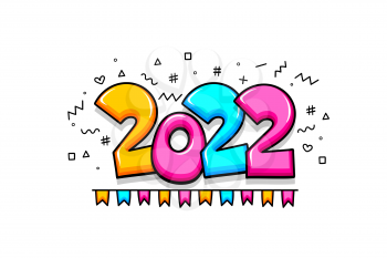 2022 new year cartoon comic text number sketch style. Simple figure and flags. 2022 greeting colorful vector illustration. Bright colors comic text 2022 Christmas lettering.