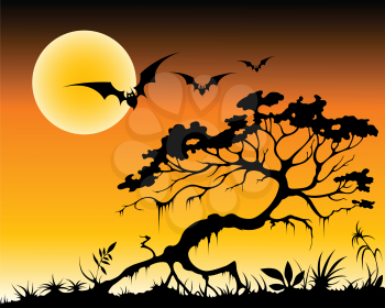 halloween background with bats and silhouette of tree by moon night