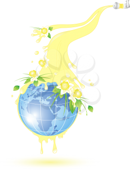 globe with splashes of yellow paint and flowers of daffodil