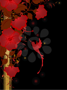 floral background with red flowers and humming-bird on a black background
