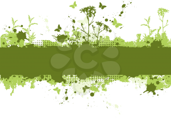 green grunge background with flowers and butterflies