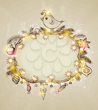 Vector shining  Christmas background with bird and decorations