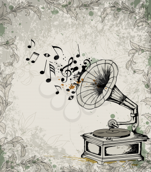 Retro vector music background with gramophone and notes. 