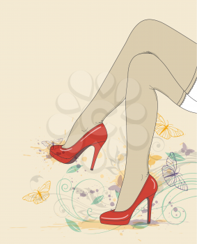 Vector background with female legs in red shoes and stockings