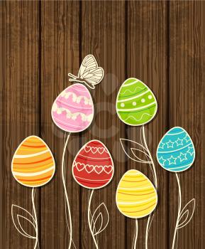 Vector wooden Easter background with decorative eggs and butterfly