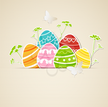 Vector paper background with  Easter eggs, flowers and butterflies