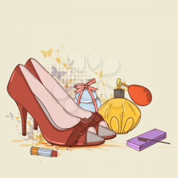 Vector background with red shoes and cosmetics