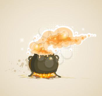 Vector Halloween background with pot in the fire