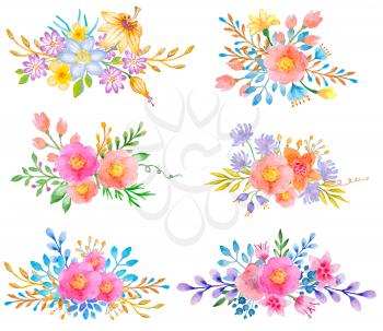Hand drawn watercolor decorative posies of flowers