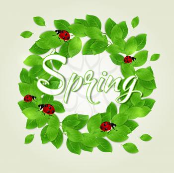 Round floral frame with green leaves and ladybug. Vector illustration.