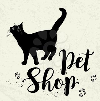 Background with black cat and lettering Pet shop. Hand drawn vector illustration. 