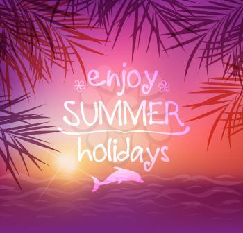 Summer tropical background with palm leaves. Tropical sunset and sea.