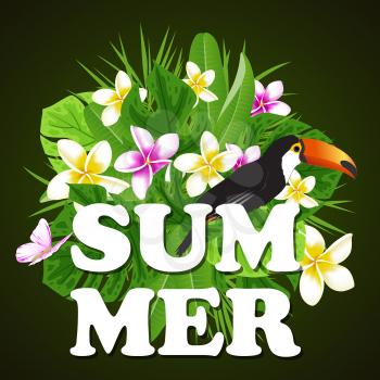 Green tropical leaves, flowers and toucan on a black background. Vector summer banner.