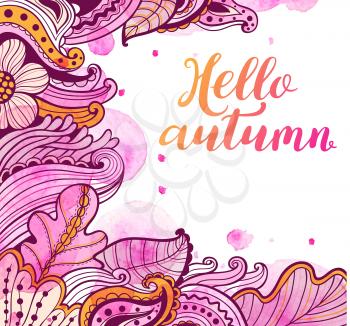 Abstract floral autumn background with pink watercolor blots. Hand drawn vector illustration. Hello autumn lettering.