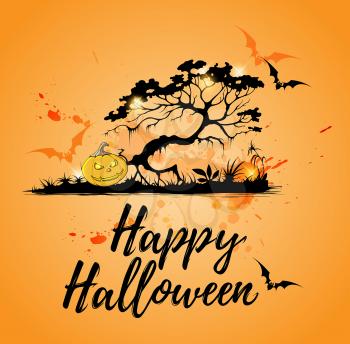 Halloween background with silhouette of tree and pumpkin. Happy Halloween lettering. Vector illustration.