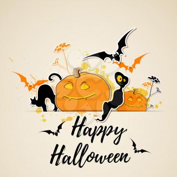 Halloween vector background with black cat, ghost and pumpkins. Happy Halloween lettering.