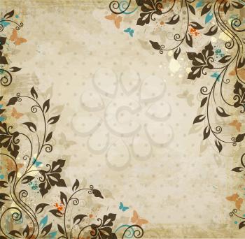 Decorative floral vintage vector background with flowers and butterflies.