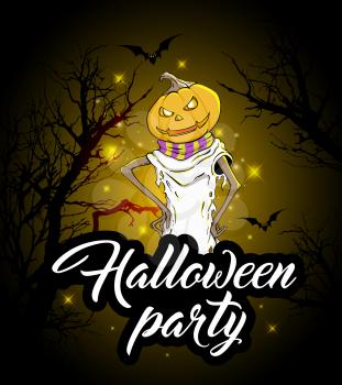 Halloween background with silhouette of tree and pumpkin. Design for Halloween party.