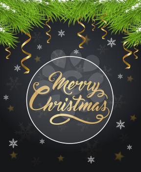 Christmas background with golden greeting inscription and green fir branches. Merry Christmas lettering. 