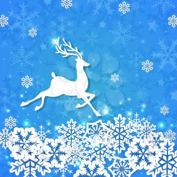 Blue Christmas background with white cut from paper deer and snowflakes. Design for Christmas card.