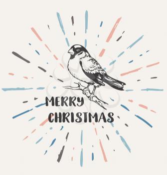 Vintage vector Christmas background with bullfinch. Design for Christmas card.