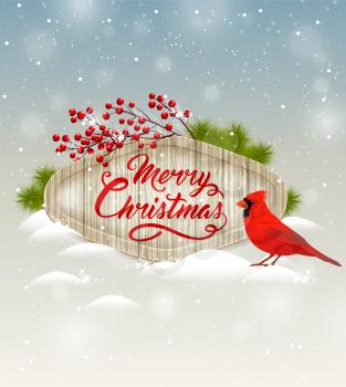 Christmas vector background with red berries, green fir branch and cardinal bird. Merry Christmas lettering. Design for greeting Christmas card.