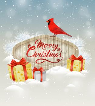 Christmas vector background with gifts, white fir branch and cardinal bird. Merry Christmas lettering. Design for greeting Christmas card.