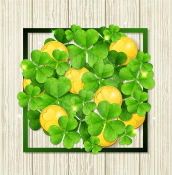 Clover leaves and golden coins in green frame on a wooden background. Abstract design for St. Patrick's day.