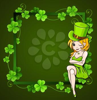 Clover leaves and girl in frame on a green background. Design for St. Patrick's day.
