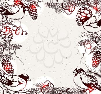 Vintage vector hand drawn Christmas background with bullfinches and fir branch.