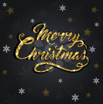 Golden glitter Christmas greeting inscription on a black background. Design for Christmas card.