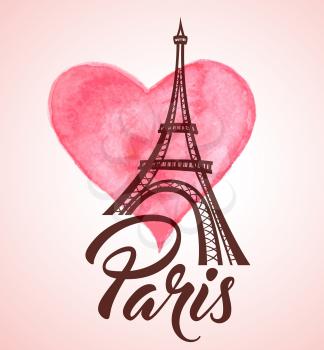 Valentine's day greeting card with Eiffel Tower and pink watercolor heart