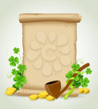 Decorative background with scroll, clover leaves and tobacco pipe for St. Patrick's Day