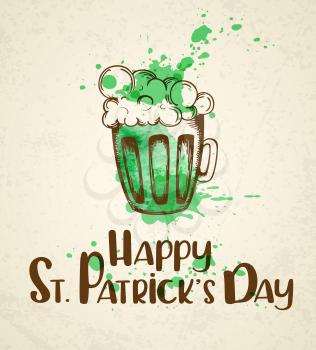 Green beer and watercolor blots. Vintage greeting card for St. Patrick's day