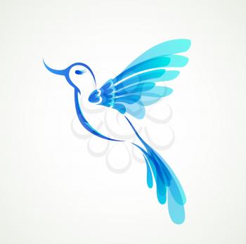 Blue flying tropical bird. Design for corporate style and logo.