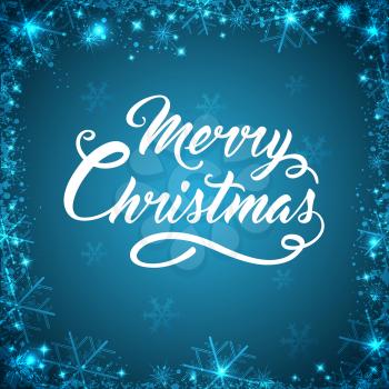 Blue Christmas background with snowflakes and greeting inscription