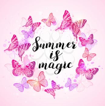 Summer background with pink butterflies and lettering Summer is magic