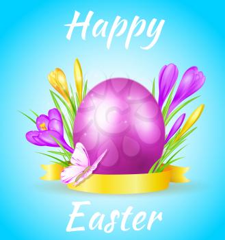 Easter card with violet egg, crocuses and butterfly on a blue background